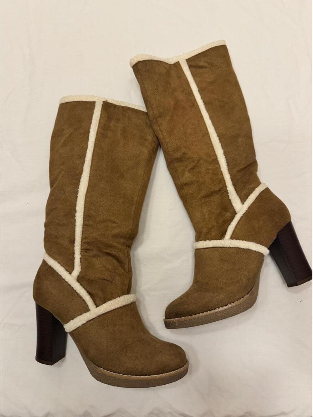 FIONI brown suede knee-high boots with white trim